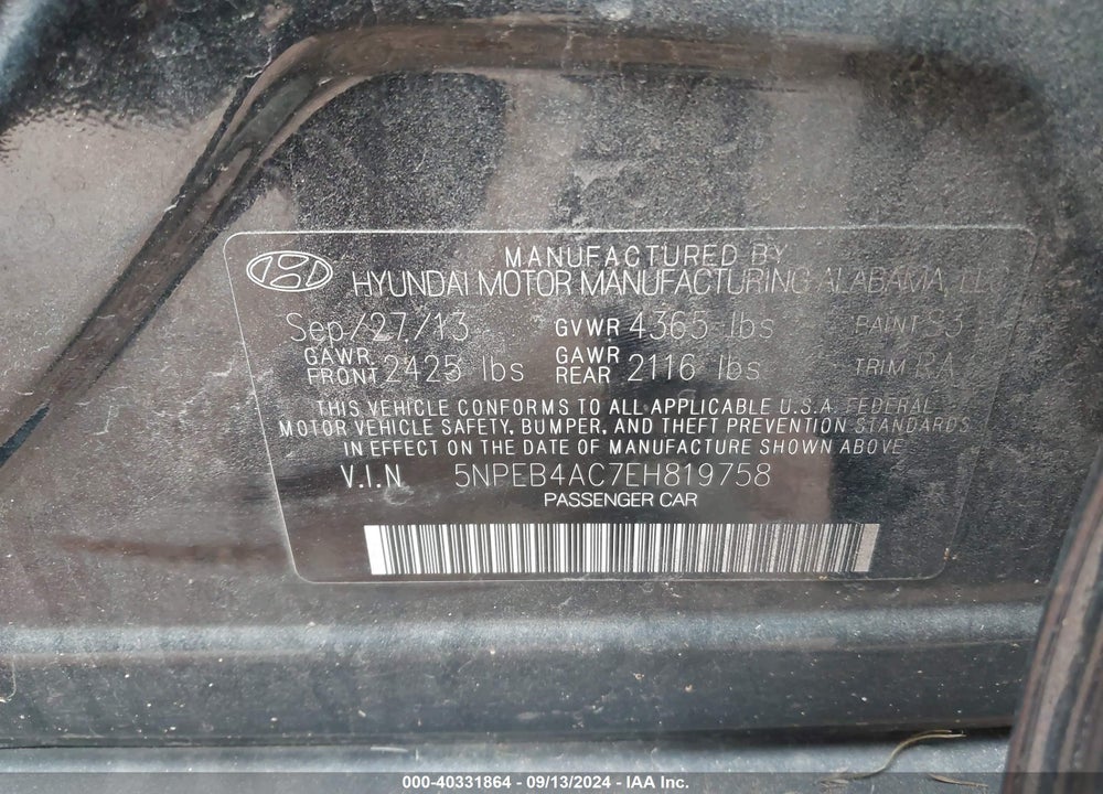 2014 HYUNDAI SONATA GLS VIN: 5NPEB4AC7EH819758