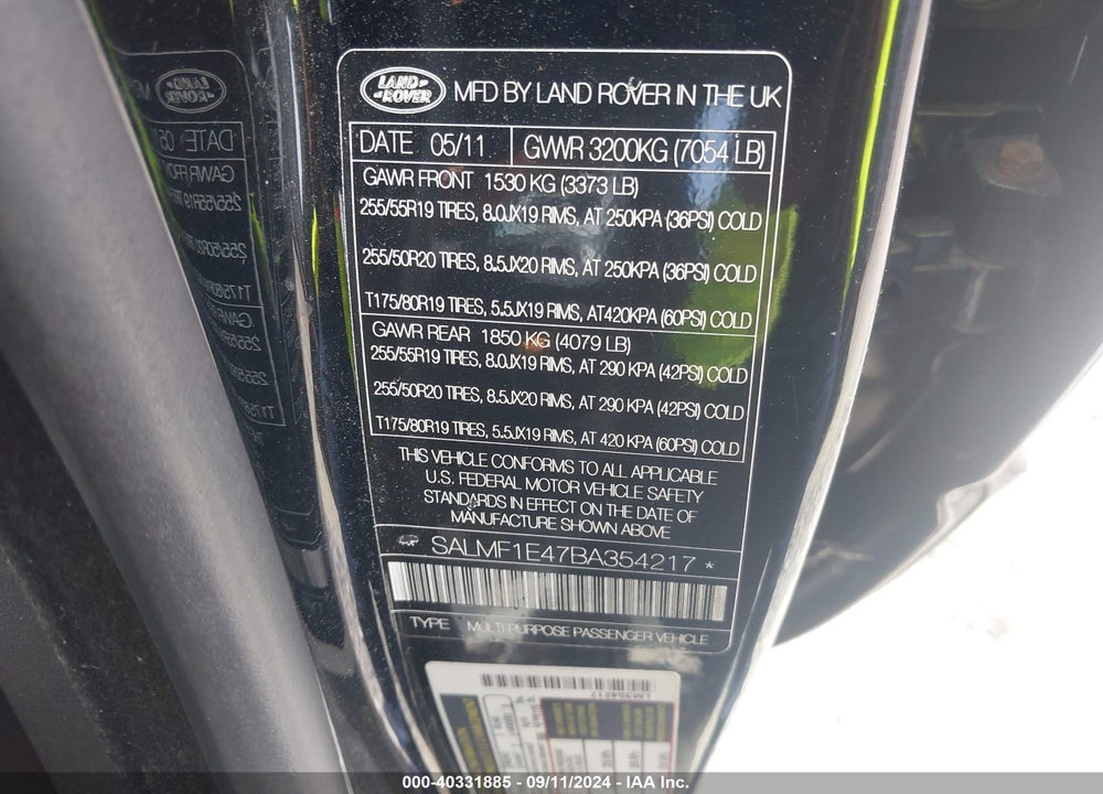 2011 LAND ROVER RANGE ROVER SUPERCHARGED VIN: SALMF1E47BA354217
