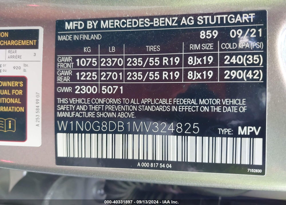 2021 MERCEDES-BENZ GLC 300 SUV VIN: W1N0G8DB1MV324825