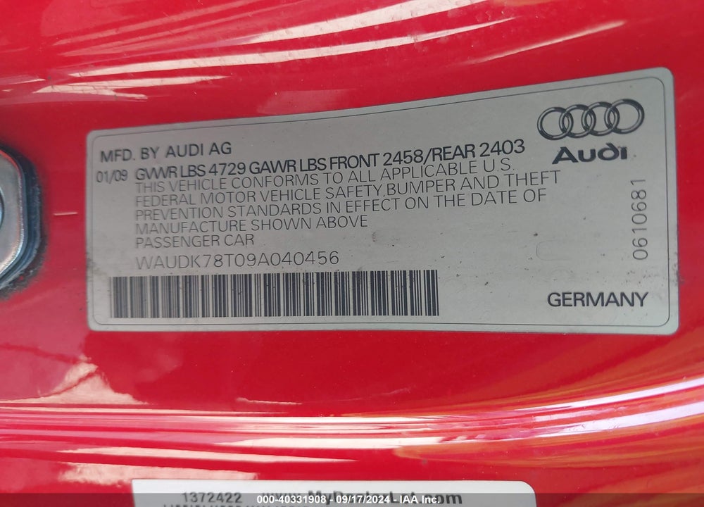 2009 AUDI A5 3.2L VIN: WAUDK78T09A040456