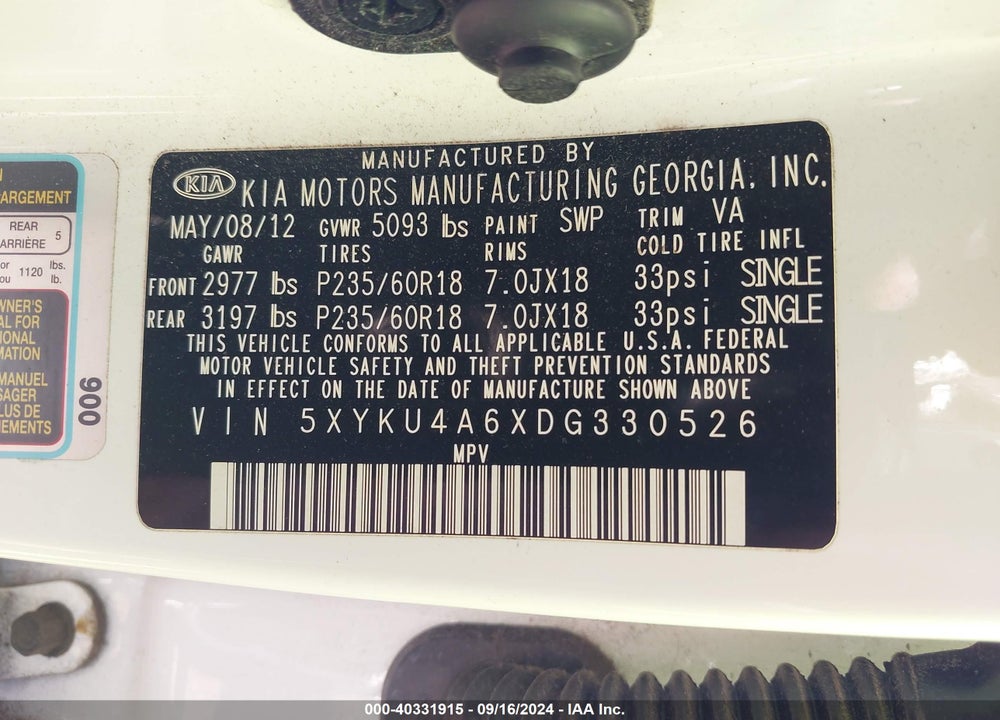 2013 KIA SORENTO EX VIN: 5XYKU4A6XDG330526