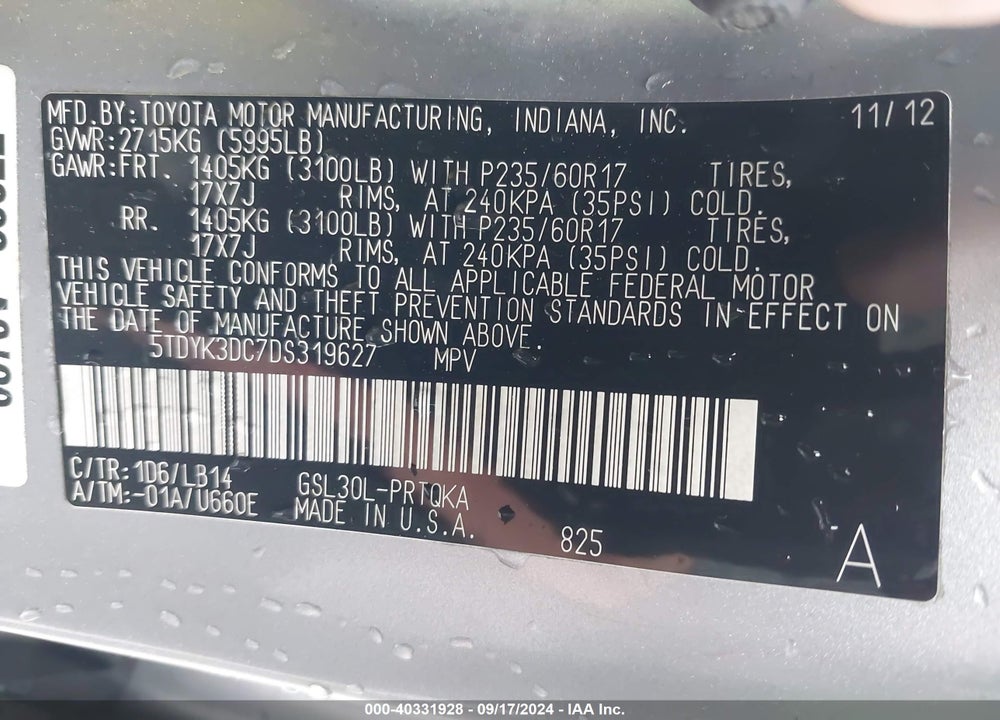 2013 TOYOTA SIENNA XLE V6 8 PASSENGER VIN: 5TDYK3DC7DS319627
