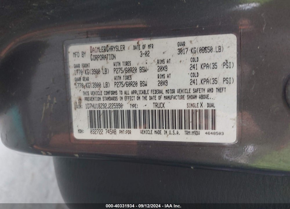 2002 DODGE RAM 1500 ST VIN: 1D7HU18Z92J225990