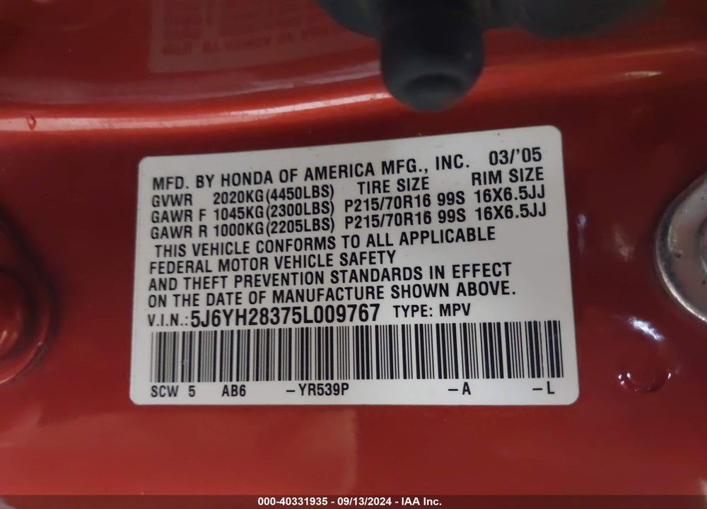 2005 HONDA ELEMENT LX VIN: 5J6YH28375L009767