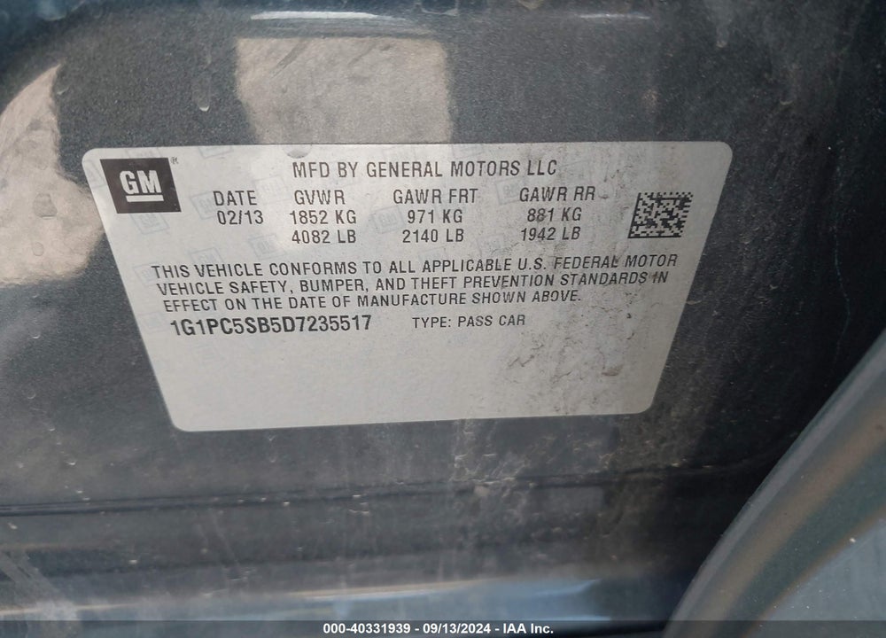 2013 CHEVROLET CRUZE 1LT AUTO VIN: 1G1PC5SB5D7235517