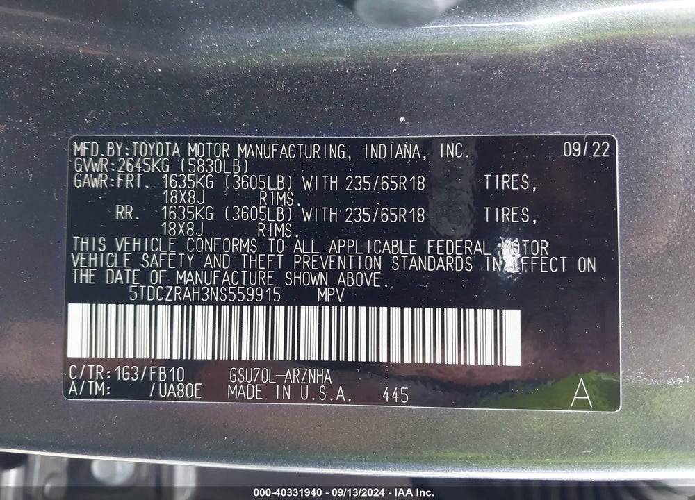 2022 TOYOTA HIGHLANDER L VIN: 5TDCZRAH3NS559915