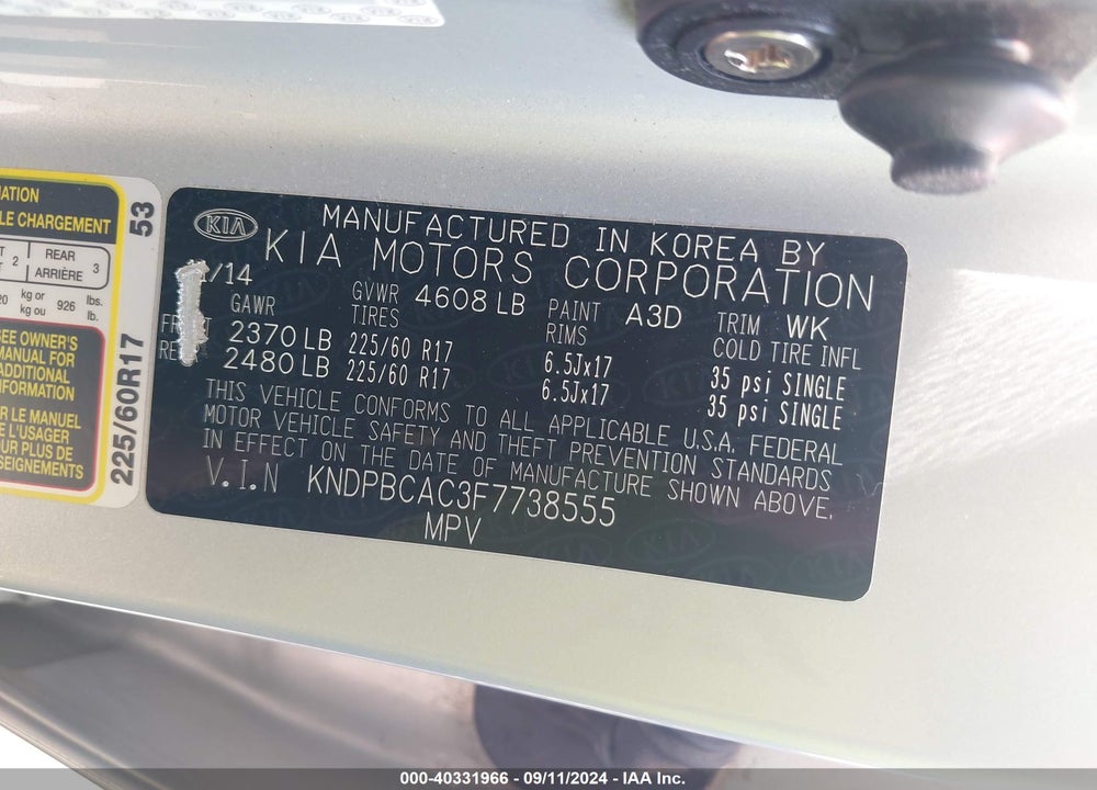 2015 KIA SPORTAGE LX VIN: KNDPBCAC3F7738555