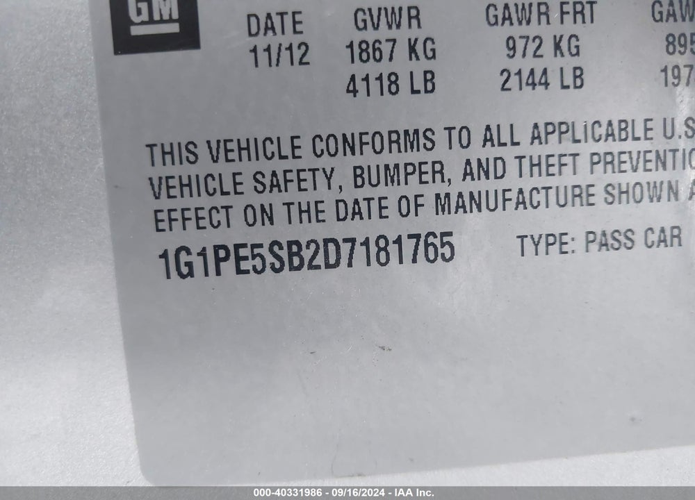 2013 CHEVROLET CRUZE 2LT AUTO VIN: 1G1PE5SB2D7181765