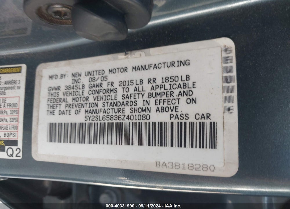 2006 PONTIAC VIBE VIN: 5Y2SL65836Z401080