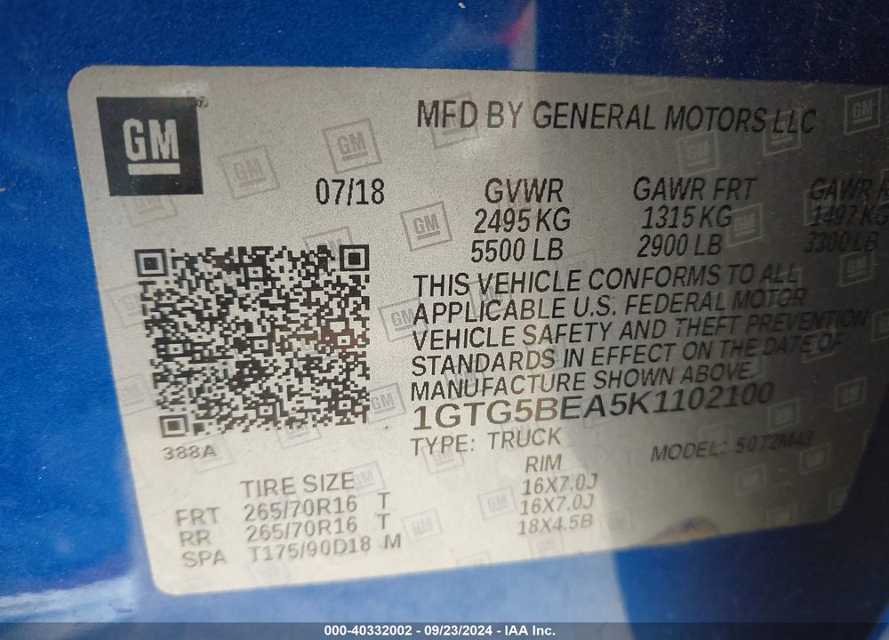 2019 GMC CANYON VIN: 1GTG5BEA5K1102100