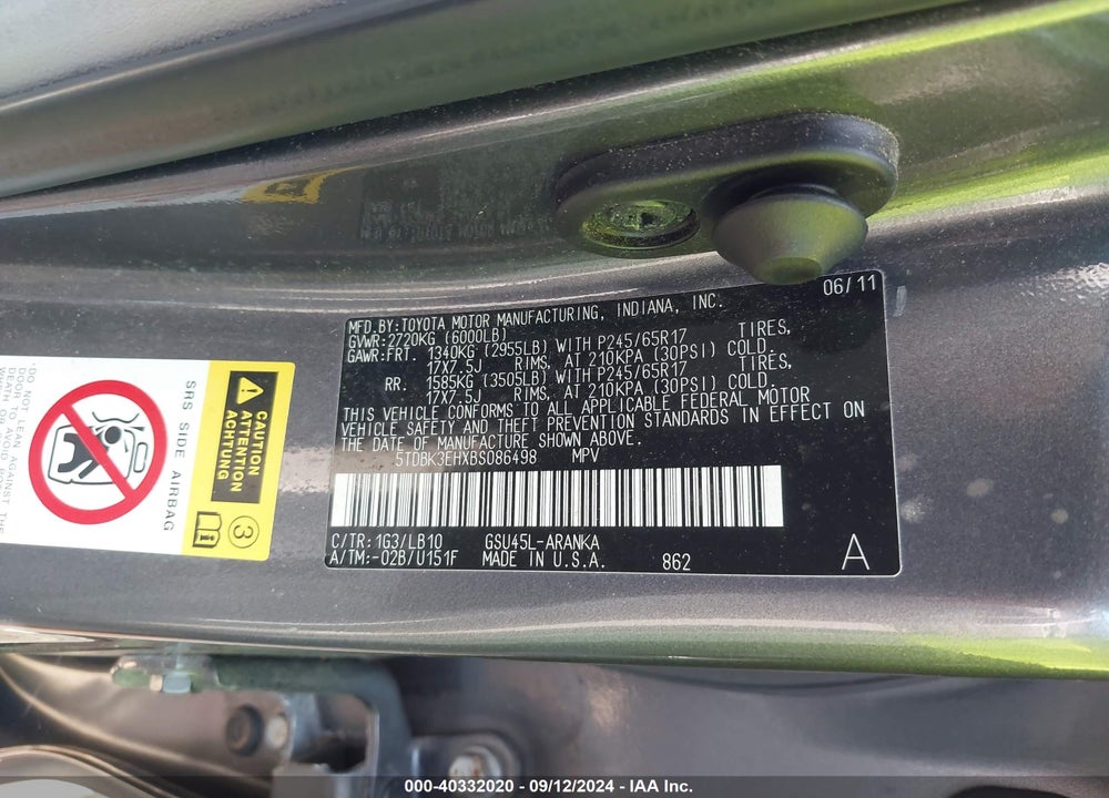 2011 TOYOTA HIGHLANDER SE V6 VIN: 5TDBK3EHXBS086498