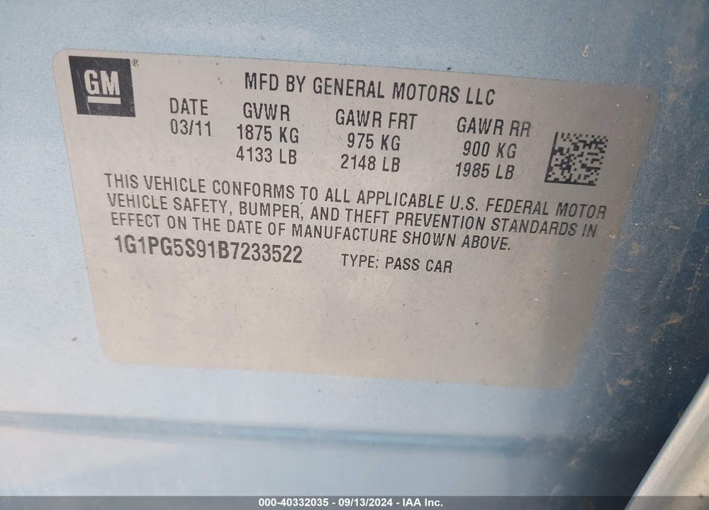 2011 CHEVROLET CRUZE 2LT VIN: 1G1PG5S91B7233522