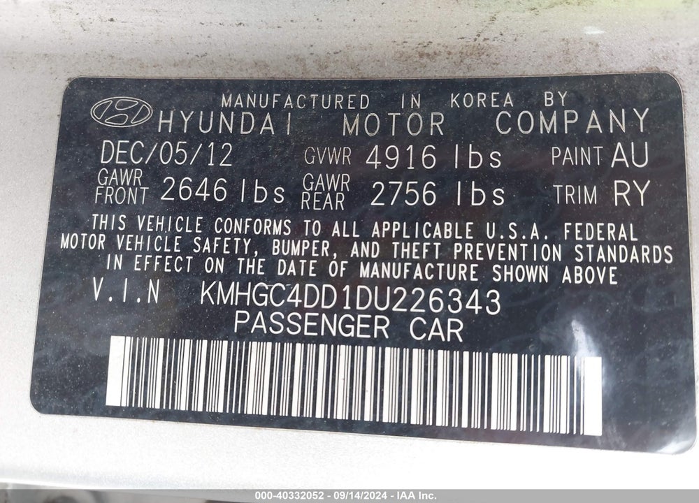 2013 HYUNDAI GENESIS VIN: KMHGC4DD1DU226343