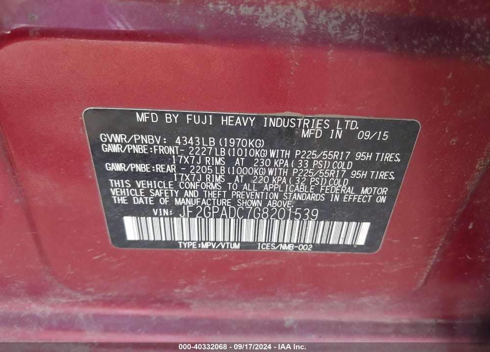 2016 SUBARU CROSSTREK 2.0I PREMIUM VIN: JF2GPADC7G8201539