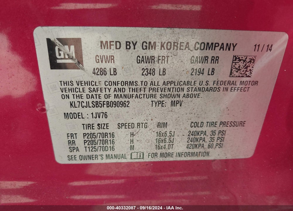 2015 CHEVROLET TRAX LT VIN: KL7CJLSB5FB090962