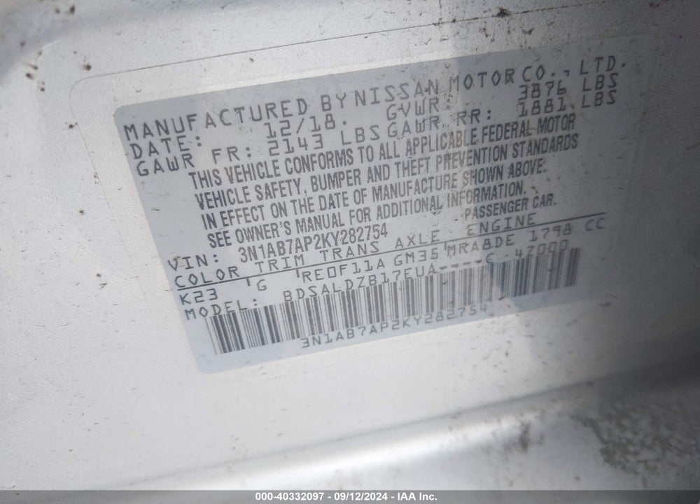 2019 NISSAN SENTRA SV VIN: 3N1AB7AP2KY282754