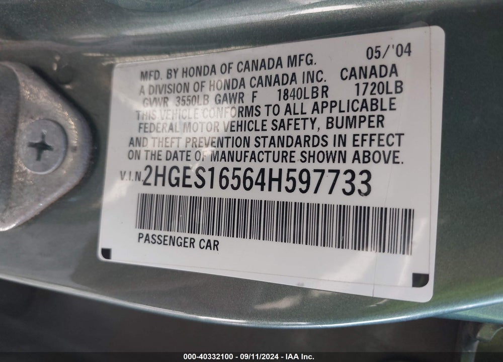 2004 HONDA CIVIC LX VIN: 2HGES16564H597733