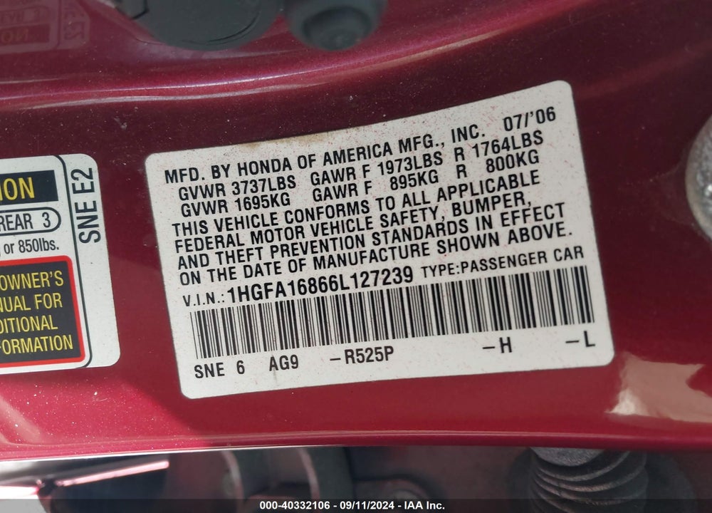 2006 HONDA CIVIC EX VIN: 1HGFA16866L127239