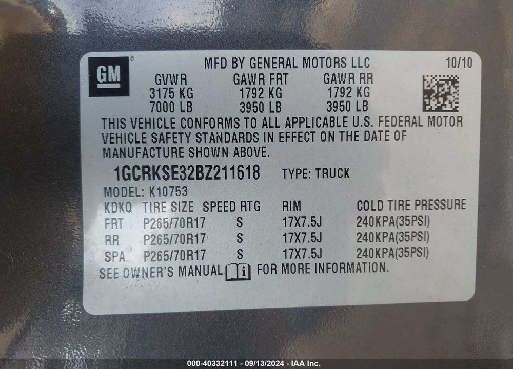 2011 CHEVROLET SILVERADO 1500 LT VIN: 1GCRKSE32BZ211618