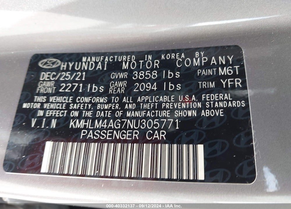2022 HYUNDAI ELANTRA SEL VIN: KMHLM4AG7NU305771