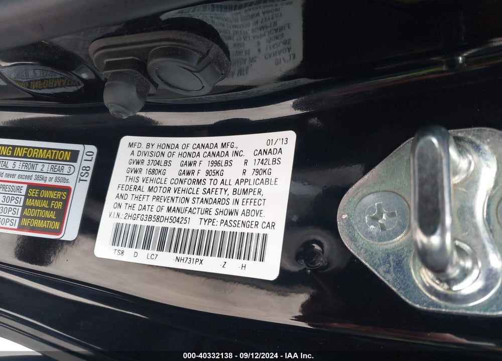 2013 HONDA CIVIC LX VIN: 2HGFG3B58DH504251