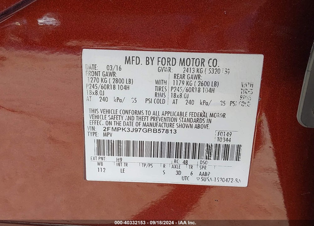 2016 FORD EDGE SEL VIN: 2FMPK3J97GBB57813