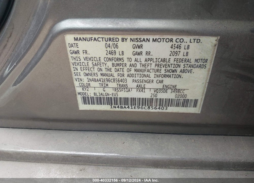 2006 NISSAN MAXIMA 3.5 SE/3.5 SL VIN: 1N4BA41E96C856403