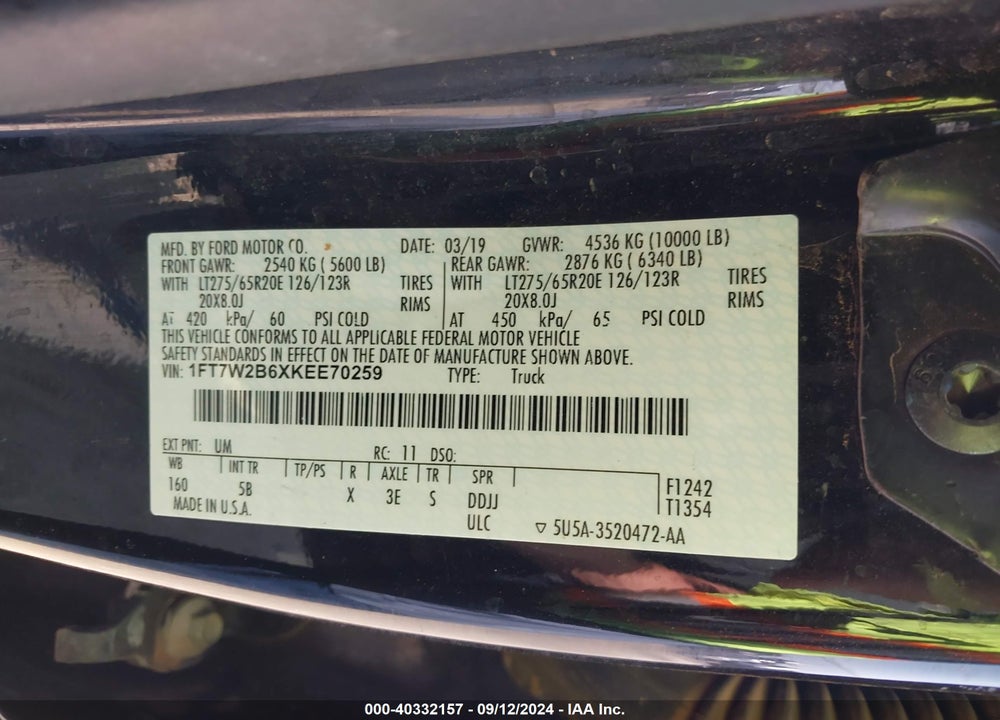 2019 FORD F-250 LARIAT VIN: 1FT7W2B6XKEE70259
