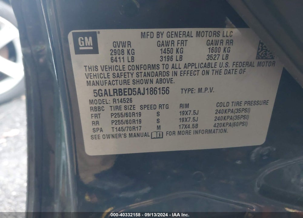 2010 BUICK ENCLAVE 1XL VIN: 5GALRBED5AJ186156