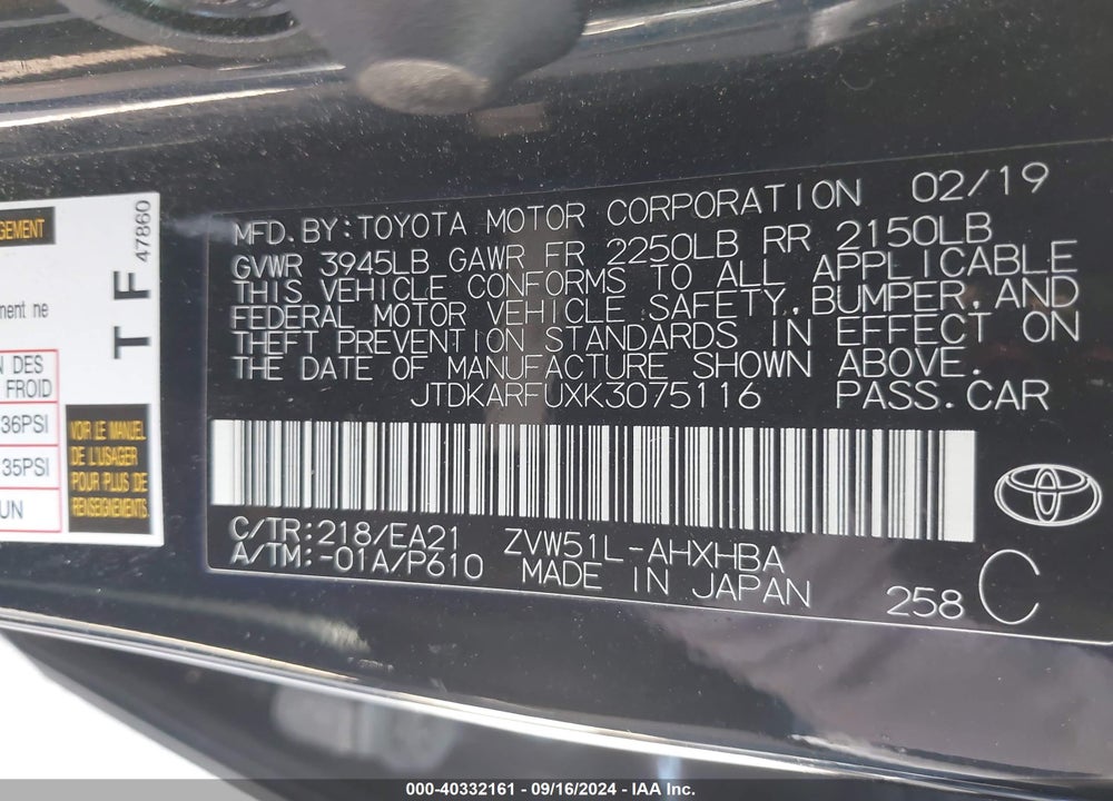 2019 TOYOTA PRIUS LIMITED VIN: JTDKARFUXK3075116