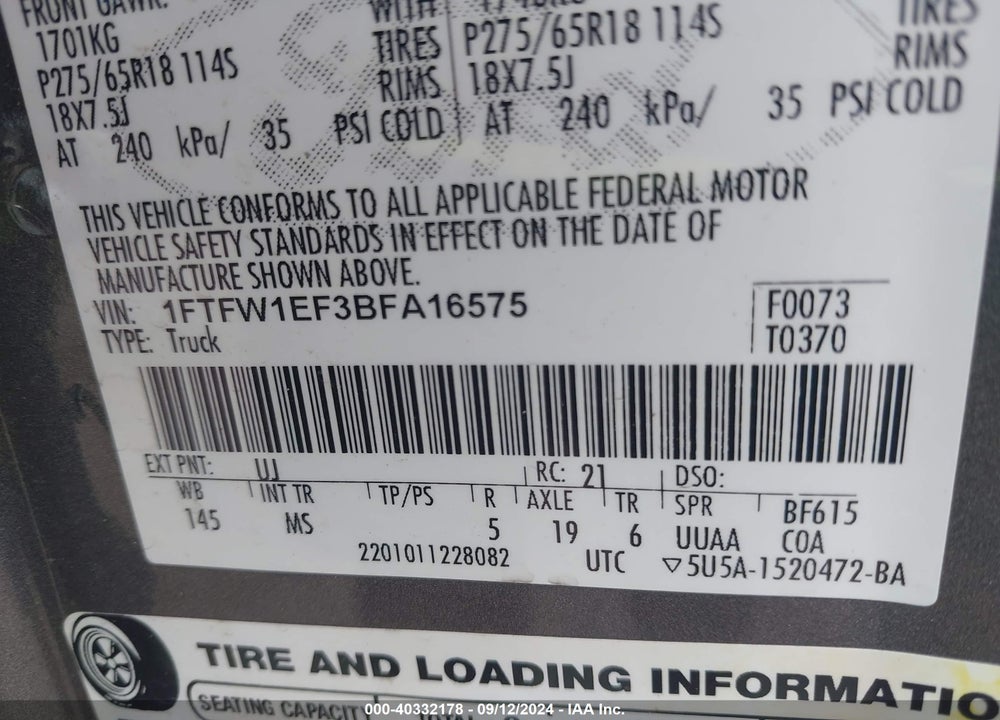 2011 FORD F-150 XLT VIN: 1FTFW1EF3BFA16575