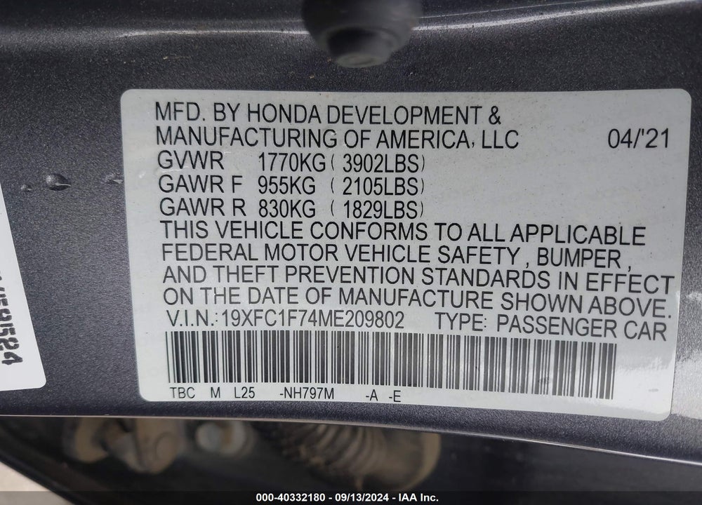 2021 HONDA CIVIC EX-L VIN: 19XFC1F74ME209802