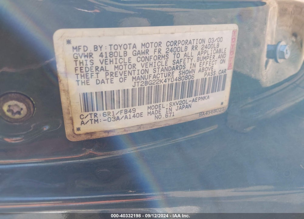 2000 TOYOTA CAMRY LE VIN: JT2BG22K4Y0480806