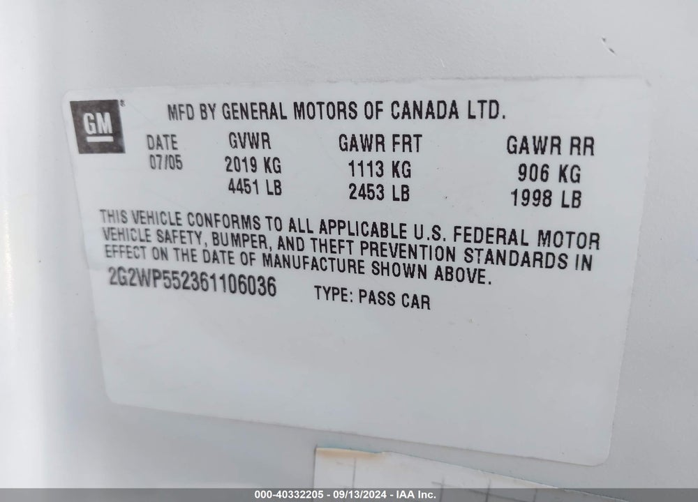 2006 PONTIAC GRAND PRIX VIN: 2G2WP552361106036