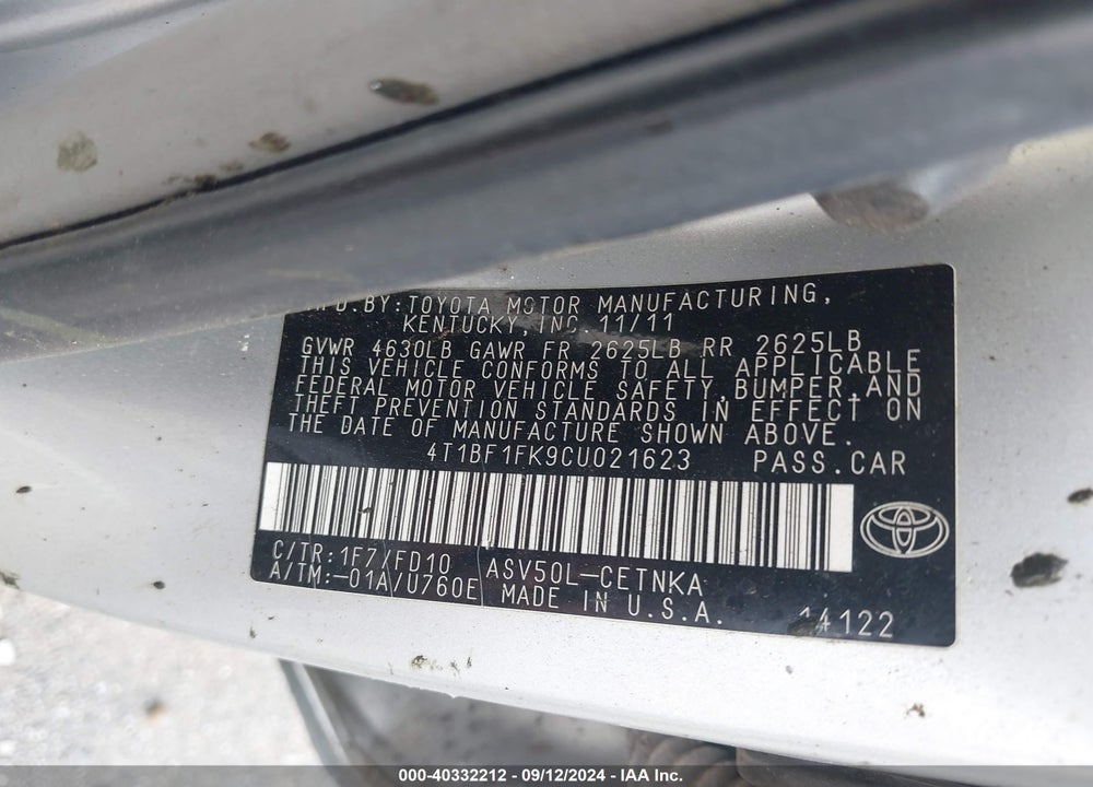 2012 TOYOTA CAMRY LE VIN: 4T1BF1FK9CU021623