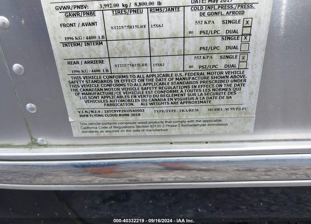2018 AIRSTREAM FLYING CLOUD VIN: 1STC9YP29JJ540503