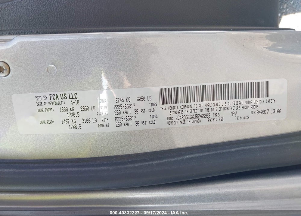2018 DODGE GRAND CARAVAN GT VIN: 2C4RDGEGXJR242263