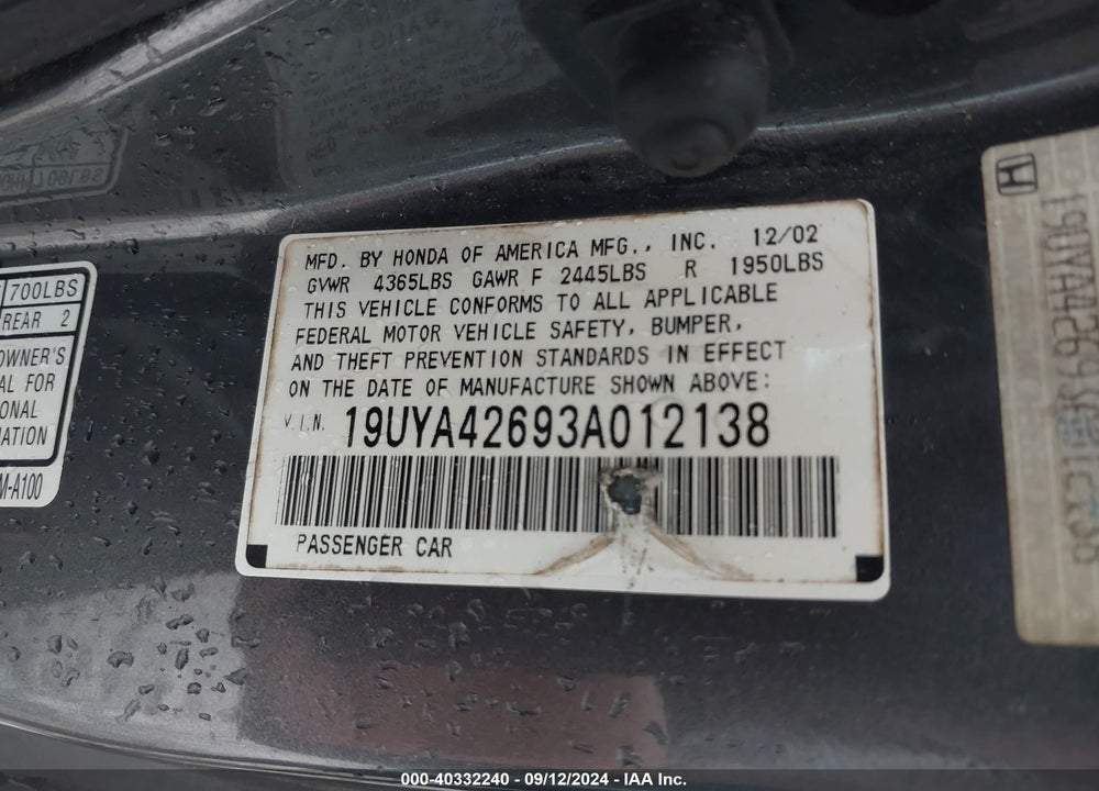 2003 ACURA CL 3.2 TYPE S AUTOMATIC VIN: 19UYA42693A012138