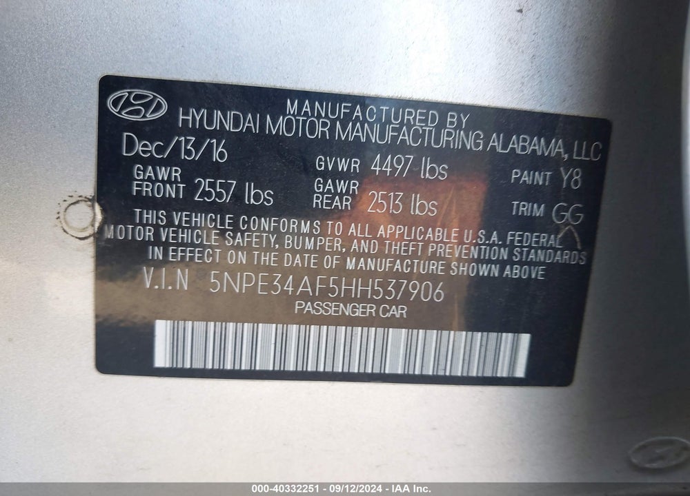 2017 HYUNDAI SONATA SPORT VIN: 5NPE34AF5HH537906