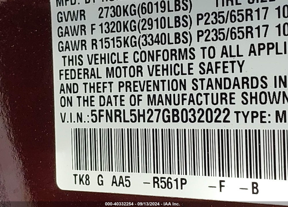 2016 HONDA ODYSSEY LX VIN: 5FNRL5H27GB032022