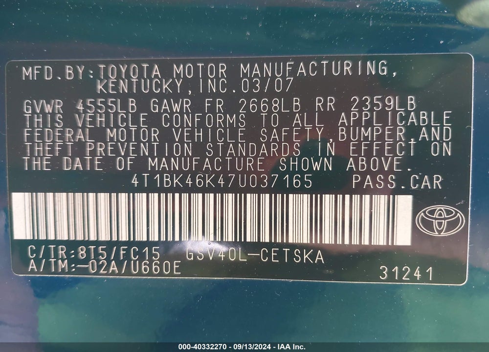 2007 TOYOTA CAMRY SE V6 VIN: 4T1BK46K47U037165