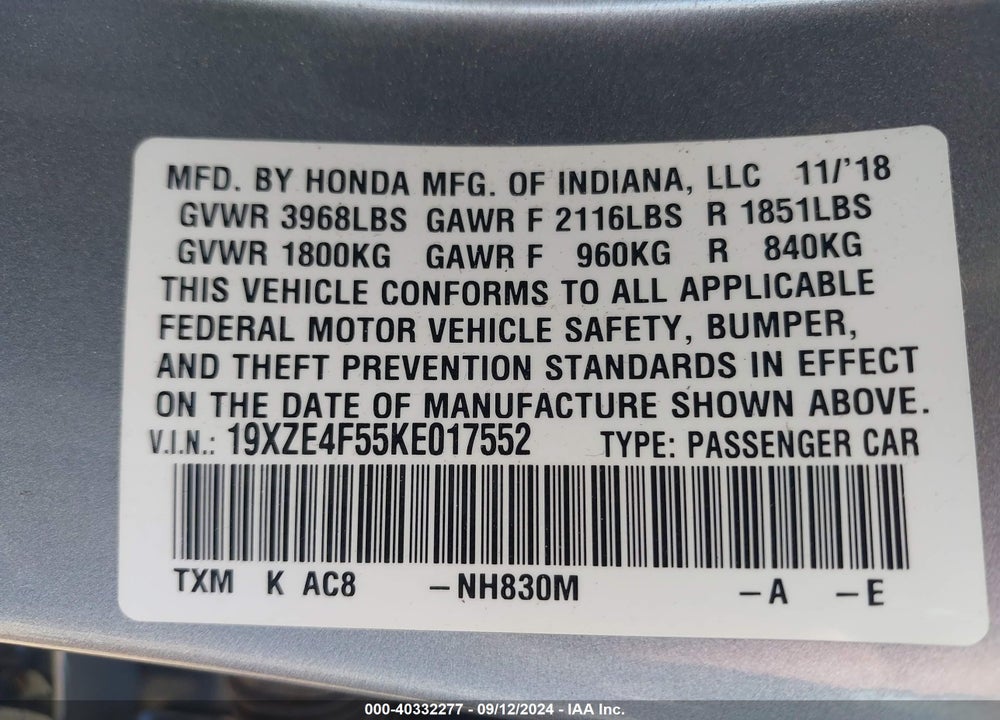 2019 HONDA INSIGHT EX VIN: 19XZE4F55KE017552