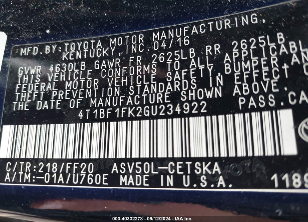 2016 TOYOTA CAMRY VIN: 4T1BF1FK2GU234922