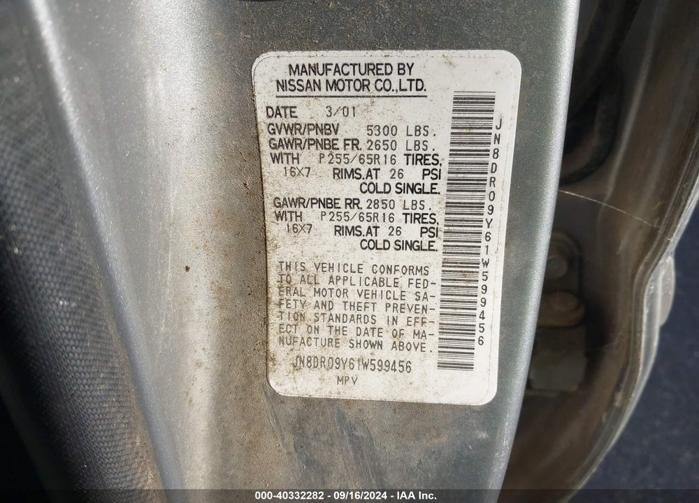 2001 NISSAN PATHFINDER SE VIN: JN8DR09Y61W599456