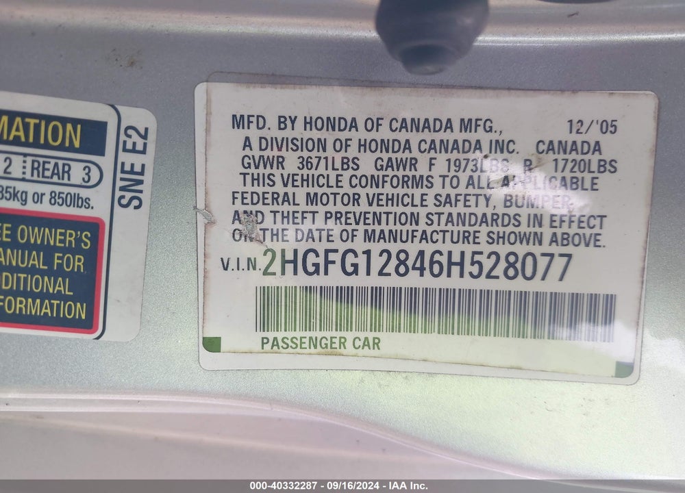 2006 HONDA CIVIC EX VIN: 2HGFG12846H528077