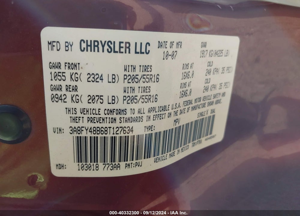2008 CHRYSLER PT CRUISER LX VIN: 3A8FY48B68T127634