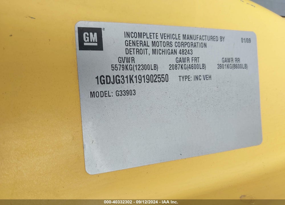 2009 GMC SAVANA CUTAWAY WORK VAN VIN: 1GDJG31K191902550