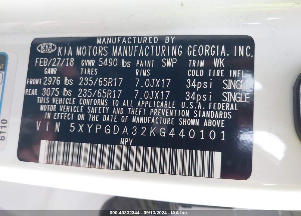 2019 KIA SORENTO VIN: 5XYPGDA32KG440101