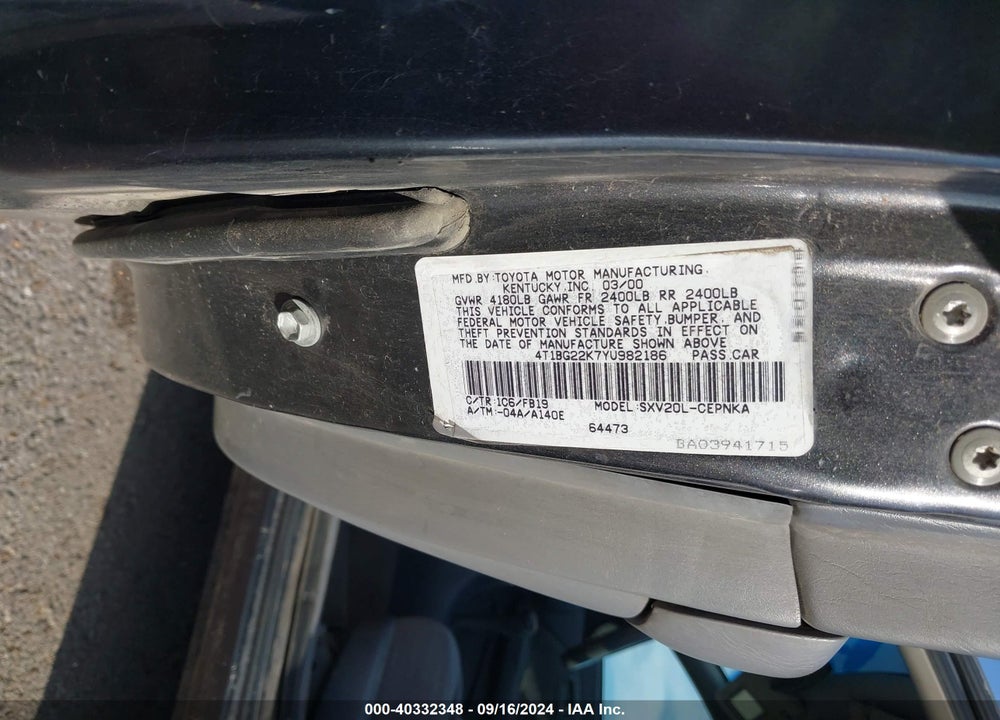 2000 TOYOTA CAMRY LE VIN: 4T1BG22K7YU982186