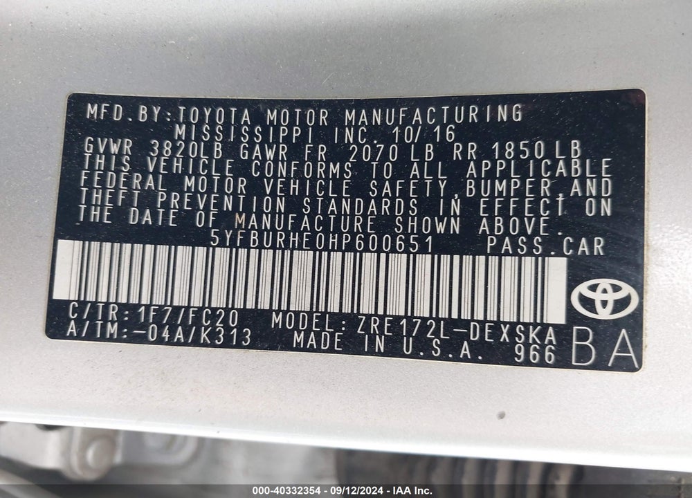 2017 TOYOTA COROLLA SE VIN: 5YFBURHE0HP600651